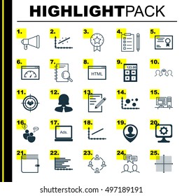 Set Of 25 Universal Icons On Present Badge, Coaching, Line Up And More Topics. Vector Icon Set Including Financial, Reminder, Paper And Other Icons.
