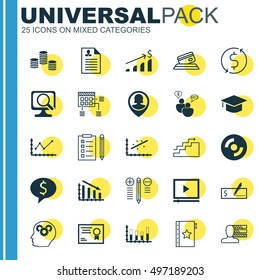Set Of 25 Universal Icons On Successful Investment, Brain Process, Schedule And More Topics. Vector Icon Set Including Decision Making, Curriculum Vitae, Fail Graph And Other Icons.