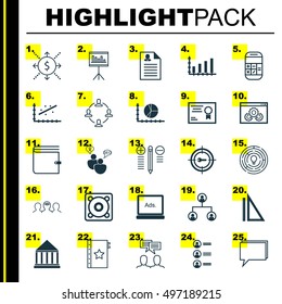 Set Of 25 Universal Icons On Warranty, Female Application, Circle Graph And More Topics. Vector Icon Set Including Measurement, Education Center, Music And Other Icons.