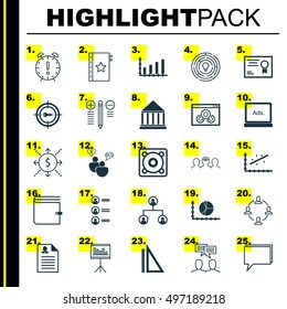 Set Of 25 Universal Icons On Presentation, Innovation, Keyword Marketing And More Topics. Vector Icon Set Including Decision Making, Analytics, Certificate And Other Icons.