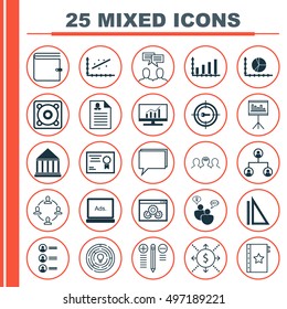 Set Of 25 Universal Icons On Analytics, Digital Media, Education Center And More Topics. Vector Icon Set Including Innovation, Circle Graph, Coaching And Other Icons.