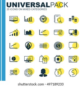 Set Of 25 Universal Icons On Innovation, Time Management, Money Navigation And More Topics. Vector Icon Set Including Computer, Money Trasnfer, Line Up And Other Icons.
