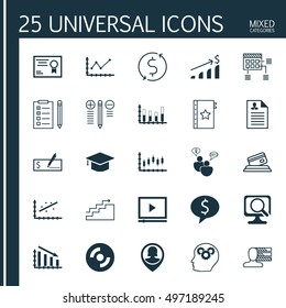 Set Of 25 Universal Icons On Credit Card, SEO Brainstorm, Blank Cd And More Topics. Vector Icon Set Including Growth, Brain Process, Stock Market And Other Elements