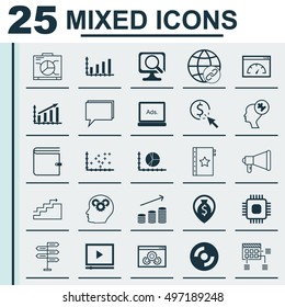 Set Of 25 Universal Icons On Money Navigation, Website Performance, Schedule And More Topics. Vector Icon Set Including Profit Graph, Blank Cd, Loading Speed And Other Icons.