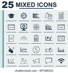 Set Of 25 Universal Icons On Calculation, Money Trasnfer, Coding And More Topics. Vector Icon Set Including Announcement, Comparsion, Website And Other Icons.