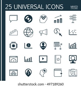 Set Of 25 Universal Icons On Growth, Circle Graph, Chip And More Topics. Vector Icon Set Including PPC, Brain Process, Employee Location And Other Icons.