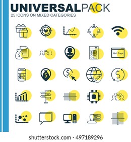 Set Of 25 Universal Icons On Money Navigation, Computer, Calculation And More Topics. Vector Icon Set Including Focus Group, Profit Graph, Comparsion And Other Icons.