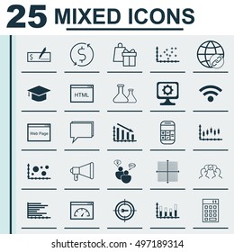 Set Of 25 Universal Icons On Graduation, Cooperation, Comparsion And More Topics. Vector Icon Set Including Fail Graph, Loading Speed, Shopping And Other Icons.