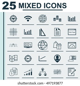 Set Of 25 Universal Icons On Pin Employee, Focus Group, Around The World And More Topics. Vector Icon Set Including Line Up, Tree Structure, Money And Other Icons.