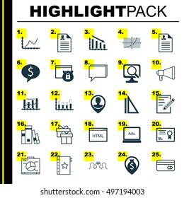 Set Of 25 Universal Icons On Fail Graph, Money Navigation, Board And More Topics. Vector Icon Set Including Keyword Optimisation, Line Up, Fail Graph And Other Icons.