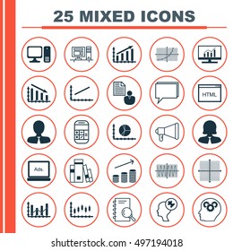 Set Of 25 Universal Icons On Circle Graph, Human Mind, Sinus Graph And More Topics. Vector Icon Set Including Fail Graph, Calculation, Brain Process And Other Icons.