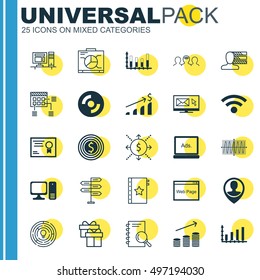 Set Of 25 Universal Icons On Coaching, Computer, Successful Investment And More Topics. Vector Icon Set Including Website, Certificate, Opportunity And Other Icons.
