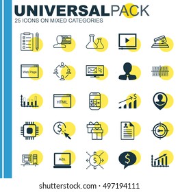 Set Of 25 Universal Icons On Newsletter, Credit Card, Computer And More Topics. Vector Icon Set Including Website, Business Deal, Personal Skills And Other Icons.