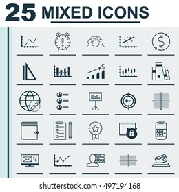 Set Of 25 Universal Icons On Raise Diagram, Connectivity, Security And More Topics. Vector Icon Set Including Achievement Graph, Calculation, Measurement And Other Icons.