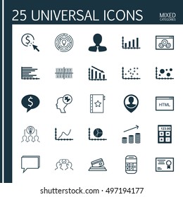 Set Of 25 Universal Icons On Fail Graph, Bars Chart, Conference And More Topics. Vector Icon Set Including Employee Location, Manager, Achievement Graph And Other Icons.