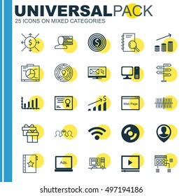 Set Of 25 Universal Icons On Warranty, Employee Location, Board And More Topics. Vector Icon Set Including Website, Schedule, Money And Other Icons.