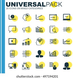Set Of 25 Universal Icons On Profit Graph, Human Mind, Coins Growth And More Topics. Vector Icon Set Including Graphical Grid, Stock Market, Conference And Other Elements