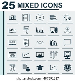 Set Of 25 Universal Icons On Report, Market Research, Coaching And More Topics. Vector Icon Set Including Presentation, Market Research, Discussion And Other Icons.