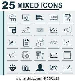 Set Of 25 Universal Icons On Announcement, Fail Graph, Line Up And More Topics. Vector Icon Set Including Announcement, Report, Changes Graph And Other Icons.
