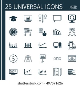 Set Of 25 Universal Icons On Collaborative Solution, Bars Chart, Fail Graph And More Topics. Vector Icon Set Including Newsletter, Reminder, Laptop And Other Icons.