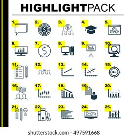 Set Of 25 Universal Icons On Laptop, Business Goal, Reminder And More Topics. Vector Icon Set Including Decision Making, Analytics, Business Goal And Other Icons.