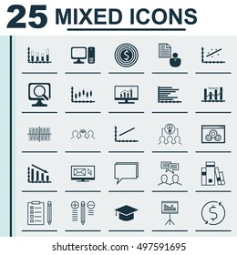 Set Of 25 Universal Icons On Presentation, Computer, Segmented Bar Graph And More Topics. Vector Icon Set Including Stock Market, Presentation, Decision Making And Other Elements