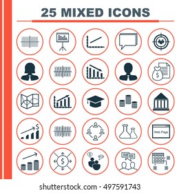 Set Of 25 Universal Icons On SEO Brainstorm, Collaboration, Fail Graph And More Topics. Vector Icon Set Including Line Up, SEO Brainstorm, Square Diagram And Other Icons.
