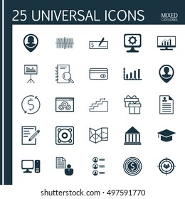 Set Of 25 Universal Icons On Computer, Money Trasnfer, Employee Location And More Topics. Vector Icon Set Including Paper, Pin Employee, Employee Location And Other Icons.