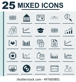 Set Of 25 Universal Icons On Line Up, Curriculum Vitae, Sinus Graph And More Topics. Vector Icon Set Including Report, Segmented Bar Graph, Raise Diagram And Other Icons.