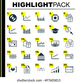 Set Of 25 Universal Icons On Plastic Card, Stock Market, Present And More Topics. Vector Icon Set Including Plastic Card, Market Research, Keyword Optimisation And Other Elements