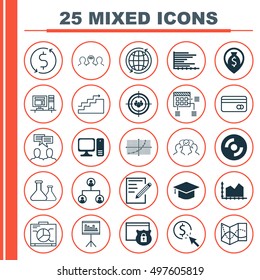 Set Of 25 Universal Icons On Blank Cd, Line Up, Cooperation And More Topics. Vector Icon Set Including PPC, Schedule, Plastic Card And Other Icons.