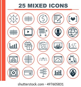 Set Of 25 Universal Icons On Video Player, Pin Employee, Sinus Graph And More Topics. Vector Icon Set Including Money Trasnfer, Pin Employee, Music And Other Icons.