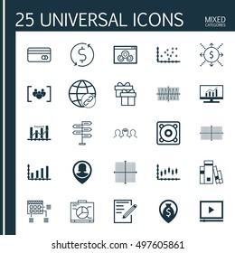 Set Of 25 Universal Icons On Present, Connectivity, Plastic Card And More Topics. Vector Icon Set Including Questionnaire, Board, Stock Market And Other Elements