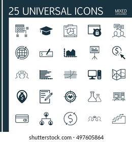 Set Of 25 Universal Icons On Growth, Security, Focus Group And More Topics. Vector Icon Set Including Schedule, Road Map, Around The World And Other Icons.