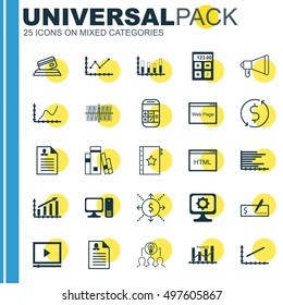 Set Of 25 Universal Icons On Bank Payment, Video Player, Segmented Bar Graph And More Topics. Vector Icon Set Including Financial, Keyword Optimisation, Website And Other Icons.