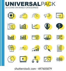 Set Of 25 Universal Icons On Analytics, Chip, Tree Structure And More Topics. Vector Icon Set Including Business Deal, Successful Investment, Keyword Optimisation And Other Icons.