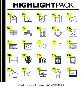 Set Of 25 Universal Icons On Newsletter, Investment, Reminder And More Topics. Vector Icon Set Including Calculation, Collaboration, Announcement And Other Icons.