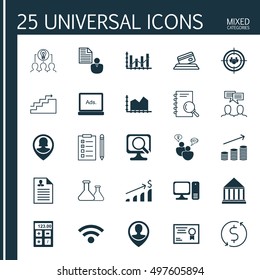 Set Of 25 Universal Icons On Curriculum Vitae, Pin Employee, Growth And More Topics. Vector Icon Set Including Education Center, Successful Investment, Focus Group And Other Icons.