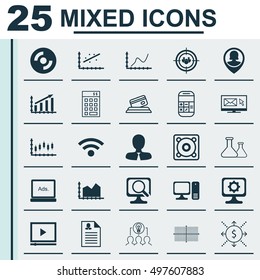 Set Of 25 Universal Icons On Money, Calculation, Manager And More Topics. Vector Icon Set Including Collaborative Solution, Laptop, Pin Employee And Other Icons.