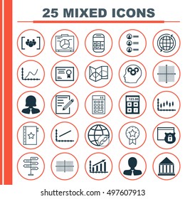 Set Of 25 Universal Icons On Calculation, Line Up, Job Applicants And More Topics. Vector Icon Set Including Financial, Road Map, Square Diagram And Other Icons.
