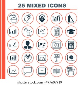 Set Of 25 Universal Icons On Present, Sinus Graph, Loading Speed And More Topics. Vector Icon Set Including Manager, Keyword Optimisation, Schedule And Other Icons.