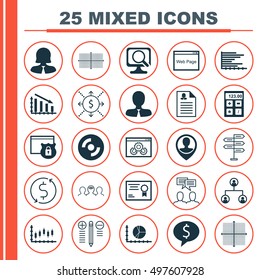 Set Of 25 Universal Icons On Business Woman, Decision Making, Fail Graph And More Topics. Vector Icon Set Including Money Trasnfer, Decision Making, Security And Other Icons.
