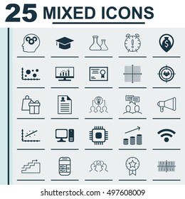 Set Of 25 Universal Icons On Discussion, Growth, Cooperation And More Topics. Vector Icon Set Including Cosinus Diagram, Wireless, Chip And Other Icons.