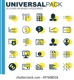Set Of 25 Universal Icons On Money, Laptop, Bars Chart And More Topics. Vector Icon Set Including Money, Female Application, Bars Chart And Other Icons.