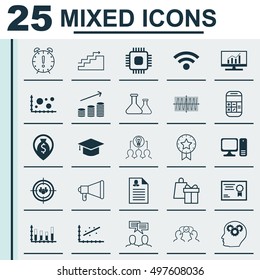 Set Of 25 Universal Icons On Cooperation, Coins Growth, Certificate And More Topics. Vector Icon Set Including Analytics, Money Navigation, Computer And Other Icons.