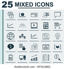 Set Of 25 Universal Icons On Questionnaire, Personal Skills, Present Badge And More Topics. Vector Icon Set Including Website Performance, Report, Connectivity And Other Icons.