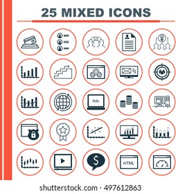 Set Of 25 Universal Icons On Around The World, Growth, Cooperation And More Topics. Vector Icon Set Including Credit Card, Segmented Bar Graph, Raise Diagram And Other Icons.