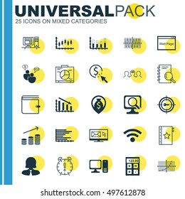 Set Of 25 Universal Icons On Board, Coaching, Website And More Topics. Vector Icon Set Including Coins Growth, Stock Market, Time Management And Other Elements