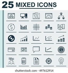 Set Of 25 Universal Icons On Calculation, Raise Diagram, Money Trasnfer And More Topics. Vector Icon Set Including Business Goal, Computer, Money And Other Icons.