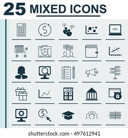 Set Of 25 Universal Icons On Cosinus Diagram, Media Campaign, Security And More Topics. Vector Icon Set Including Analytics, Business Woman, Financial And Other Icons.
